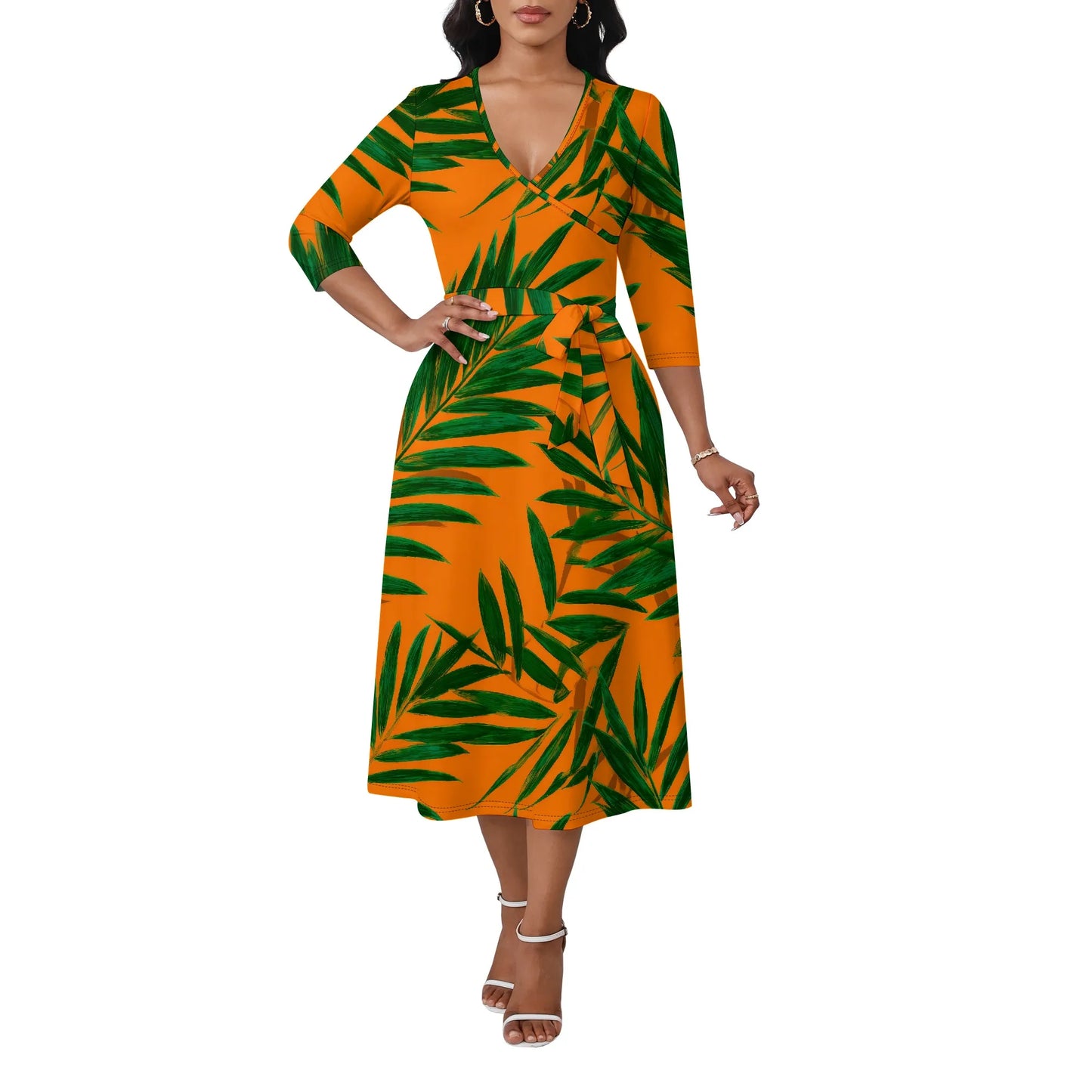 Women's Plus Size Dresses Deep V Neck Long Sleeves Wrap African Floral Printed Dress Long Maxi Flowy Dress with Belt