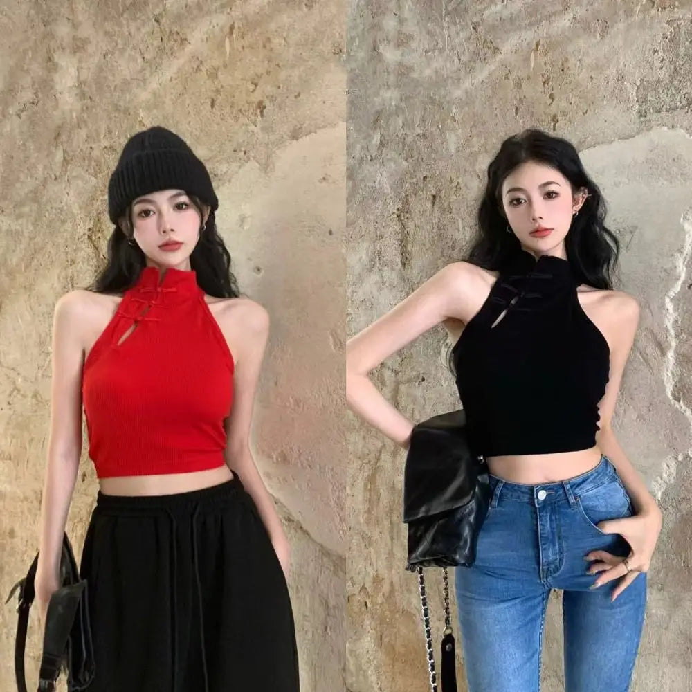 China Buckle Cheongsam Style Skinny Vest Backless Sleeveless Bra with Pads Camisole Harajuku Streetwear Slim Crop Top Summer