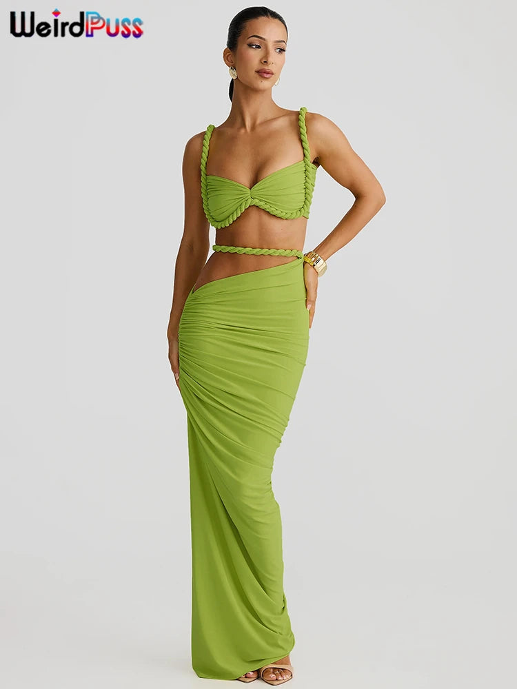 Weird Puss Bandage Ruched 2 Piece Set Women Square Collar Bra+Skinny Long Skirts 2025 Summer Vacation Beach Party Trend Suits