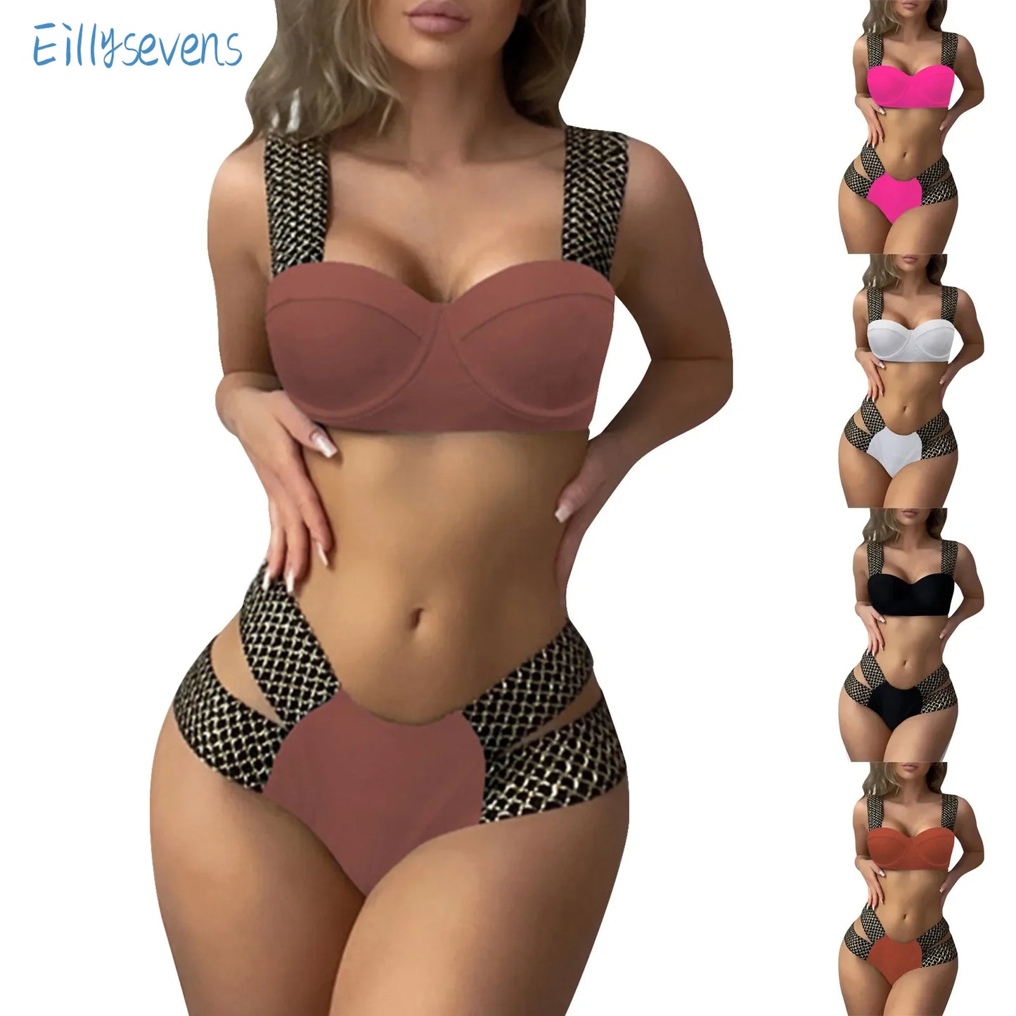 Women'S Swimwear Two-Piece Push Up Bra With Chest Pad High Waist Swim Briefs Set Fashion Trend Solid Patchwork Swimwear