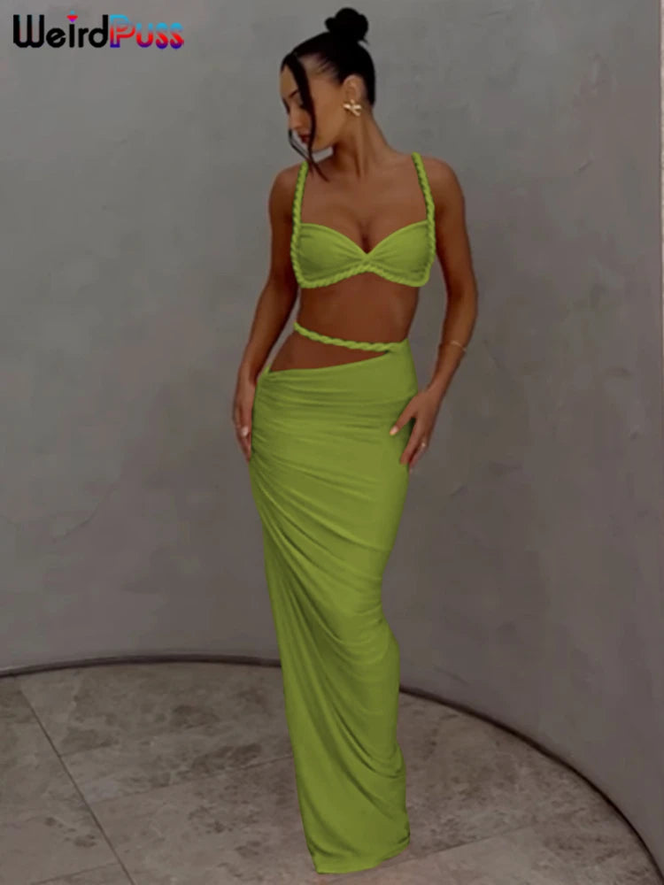 Weird Puss Bandage Ruched 2 Piece Set Women Square Collar Bra+Skinny Long Skirts 2025 Summer Vacation Beach Party Trend Suits