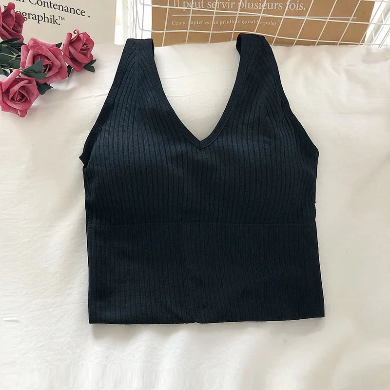 Women's Tank Crop Tops Female Tops Sexy Lingerie Seamless Underwear Streetwear V Neck Cropped Tee Padded Camisole