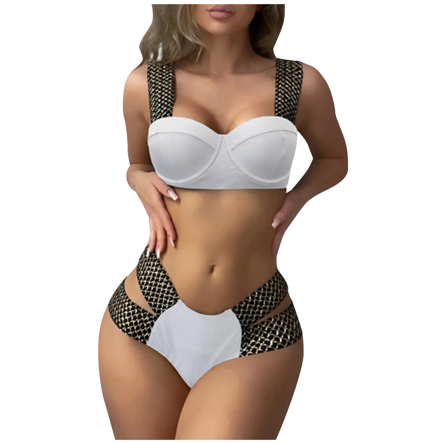 Women'S Swimwear Two-Piece Push Up Bra With Chest Pad High Waist Swim Briefs Set Fashion Trend Solid Patchwork Swimwear