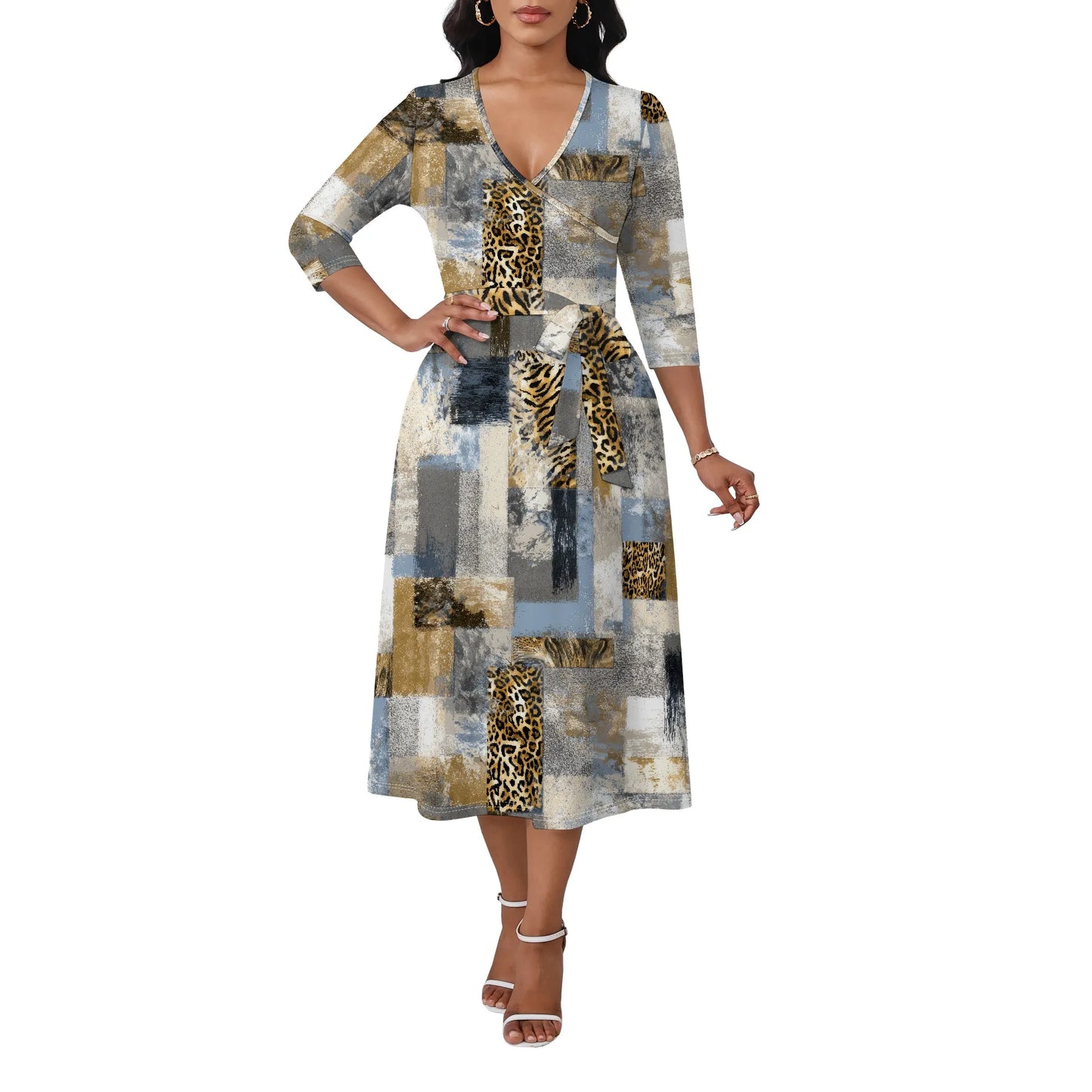 Women's Plus Size Dresses Deep V Neck Long Sleeves Wrap African Floral Printed Dress Long Maxi Flowy Dress with Belt