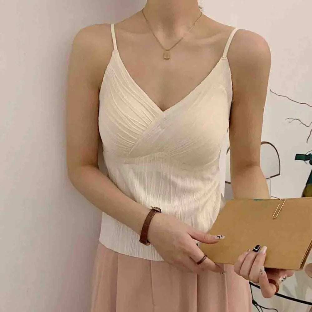 Korean Style Ruffle Sleeveless Crop Top Slim Fit V Neck Women's Tank Top Vest Streetwear Bra with Pads Camisole Girl