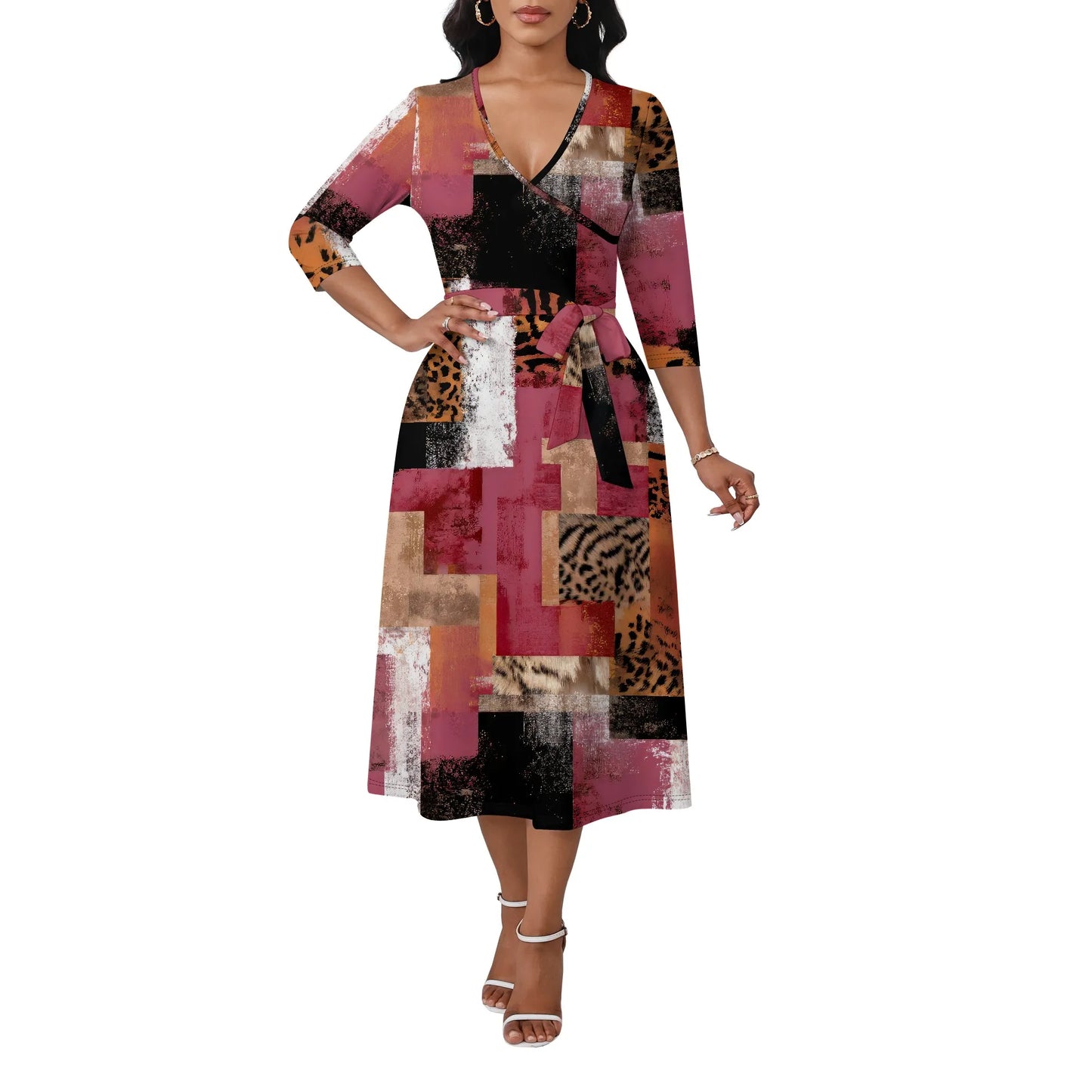 Women's Plus Size Dresses Deep V Neck Long Sleeves Wrap African Floral Printed Dress Long Maxi Flowy Dress with Belt