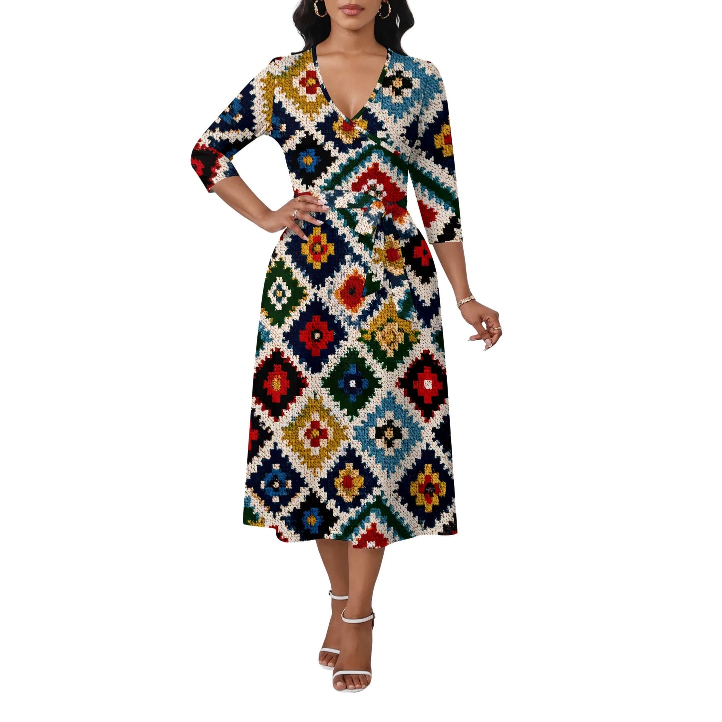 Women's Plus Size Dresses Deep V Neck Long Sleeves Wrap African Floral Printed Dress Long Maxi Flowy Dress with Belt