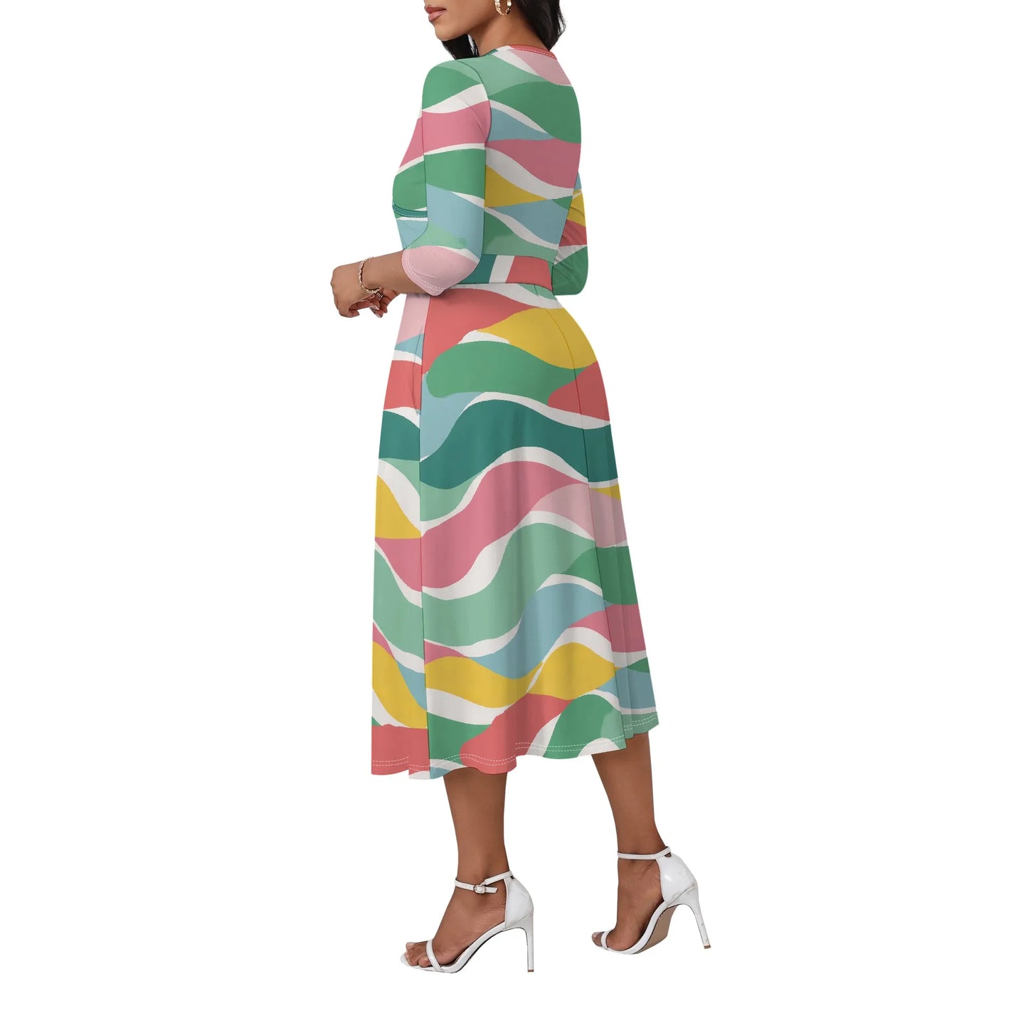 Women's Plus Size Dresses Deep V Neck Long Sleeves Wrap African Floral Printed Dress Long Maxi Flowy Dress with Belt