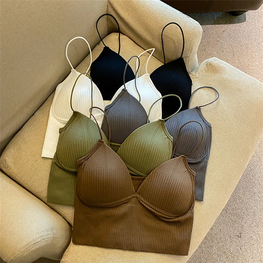 Knitted Binder Chest Woman Tank Tops Spaghetti Strap Corset Crop Camis With Built in Bras Korean Fashion Woman Vest Camisole