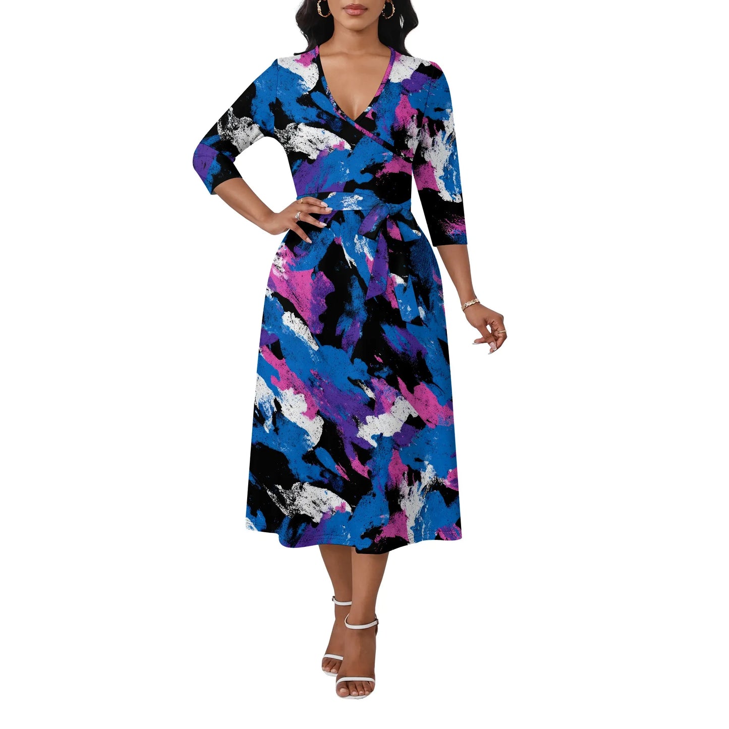 Women's Plus Size Dresses Deep V Neck Long Sleeves Wrap African Floral Printed Dress Long Maxi Flowy Dress with Belt