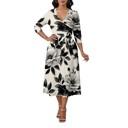 Women's Plus Size Dresses Deep V Neck Long Sleeves Wrap African Floral Printed Dress Long Maxi Flowy Dress with Belt