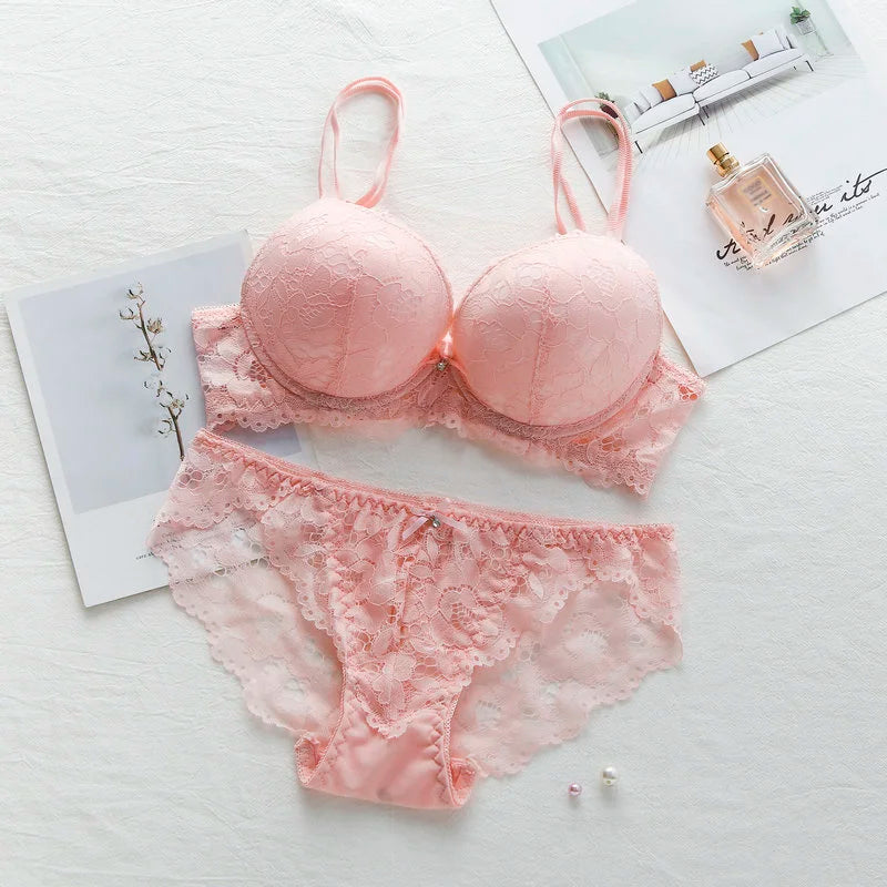 New Fashion Sexy Push Up Bra Set Deep V Bra Thick Lingerie Set Lace Women Underwear Set Cotton Comfortable A B Cup